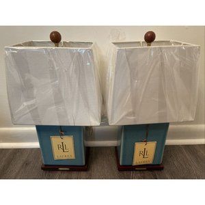 2 Ralph Lauren Teal Blue Crackled Porcelain Finish Table Accent Lamp Shade NEW
